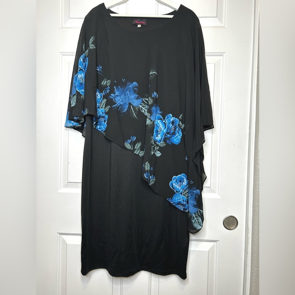 Hanna Nikole NWT Black Blue‎ Floral Overlay Dress Special Occasion 20W